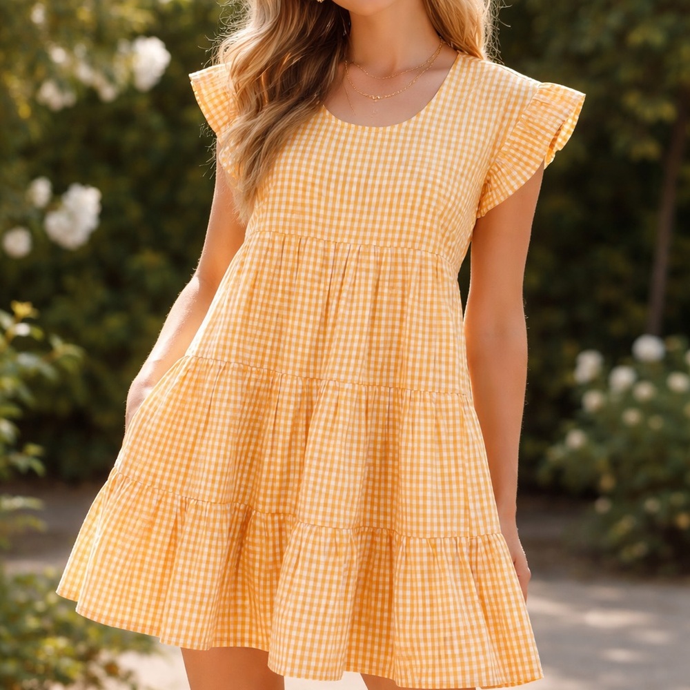 Romeo & Juliet Couture Yellow Gingham Tiered Mini Dress
